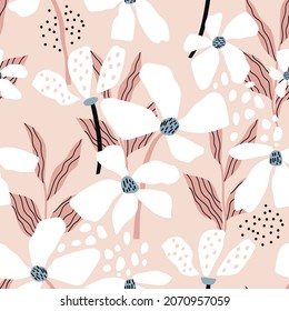 Seamless floral  pattern with leaves and exotic flowers. Jungle summer background. Perfect for fabric design, wallpaper, apparel. Vector illustration