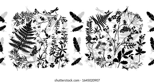 Seamless floral pattern with leaves, flowers and insects. Forest herbs in black  on a white background. Vector illustration. Herbarium