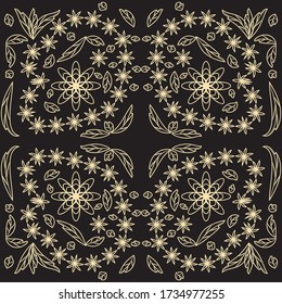 seamless floral pattern with leaves and flowers, linocut style