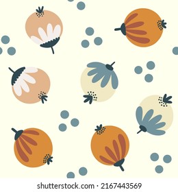 Seamless floral pattern with leaves, flowers and berries. Summer bright background. Perfect for fabric design, wallpaper, apparel. Vector illustration