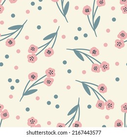 Seamless floral pattern with leaves, flowers and berries. Summer bright background. Perfect for fabric design, wallpaper, apparel. Vector illustration