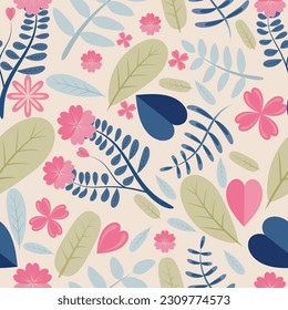 seamless floral pattern with leaves and flowers, vector pattern on background	
