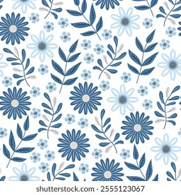 Seamless floral pattern of leaves and flowers. Vector illustration.