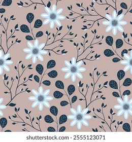 Seamless floral pattern of leaves and flowers. Vector illustration.