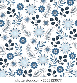 Seamless floral pattern of leaves and flowers. Vector illustration.