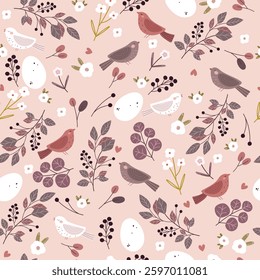 Seamless floral pattern with leaves flowers and birds. Hand drawn plants and birds on pastel background.	
