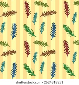 Seamless Floral Pattern with Leaves Flowers on Stripe Background