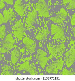 Seamless  floral pattern with leaves of gingo biloba. Vector illustration.