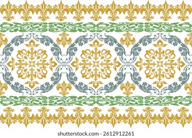 Seamless floral pattern of leaves and green flowers in antique gold ceramic.
