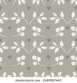 Patrón floral sin fisuras con hojas y corazones. Ilustración vectorial.