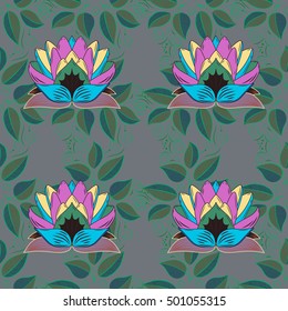 seamless floral pattern with leaves and lotus flowers. Vector illustration.