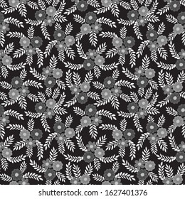 Seamless floral pattern with leaves. Monochrome black and white background color. Vector, Wallpaper, fabric