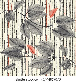 Seamless floral pattern with leaves on striped background. Hand drawn vector illustration. Doodle pattern