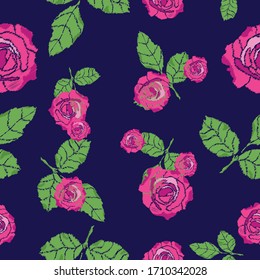 Hojas de estampado floral sin soldadura y rosas La naturaleza repite una textura de fondo interminable para textiles, papel de envoltura, lino, cortinas, ropa, papeles pintados, estampados de tela de moda