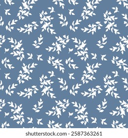 Seamless floral pattern with leaves silhouettes. Vector blue and whtie floral print. Hand-drawn illustration, not AI