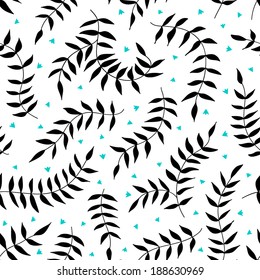 Seamless floral pattern with leaves and  small flowers. Endless white background. 