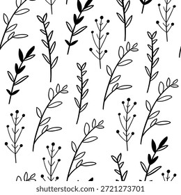 Nahtloses Blumenmuster mit Blättern und Zweigen auf weißem Hintergrund. Flache Vektorgrafik.