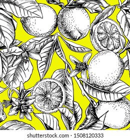 Seamless floral pattern. Lemon fruit, leaves, flowers on a yellow background. Textile composition, hand drawn style print. Vector illustration.