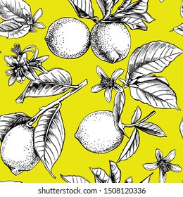 Seamless floral pattern. Lemon fruit, leaves, flowers on a yellow background. Textile composition, hand drawn style print. Vector illustration.