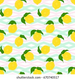 Seamless  floral pattern with lemon fruit on a zigzag, chevron geometric trendy background. 