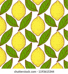 Seamless Floral Pattern. Lemon Fruits Background. Flowers, Leaves, Lemons. Vector