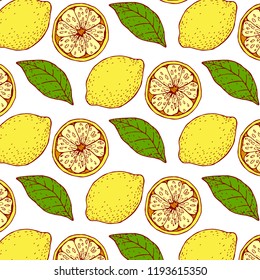 Seamless Floral Pattern. Lemon Fruits Background. Flowers, Leaves, Lemons. Vector