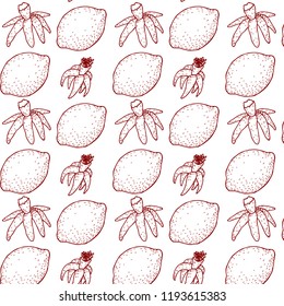 Seamless Floral Pattern. Lemon Fruits Background. Flowers, Leaves, Lemons. Vector