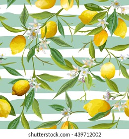 Seamless Floral Pattern. Lemon Fruits Background. Vector