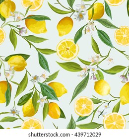 Seamless Floral Pattern. Lemon Fruits Background. Vector