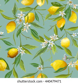 Seamless Floral Pattern. Lemon Fruits Background. Flowers, Leaves, Lemons. Vector