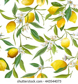 Seamless Floral Pattern. Lemon Fruits Background. Flowers, Leaves, Lemons. Vector