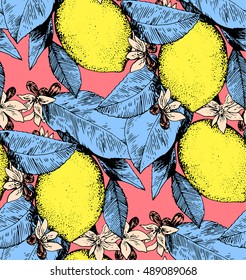 Seamless Floral Pattern. Lemon Fruits Background colorful. Flowers, Leaves, Lemons. Vector illustration