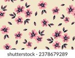 Seamless floral pattern, liberty ditsy print with simple small flowers in vintage style. Cute botanical design: tiny hand drawn plants, purple flowers, leaves on a light field. Vector illustration.