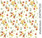 Seamless floral pattern, liberty ditsy print, abstract tile ornament of mini plants. Cute botanical design, small hand drawn yellow and red flowers, tiny leaves, simple bouquets. Vector illustration.