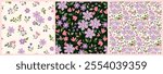 Seamless floral pattern, liberty ditsy print of pretty purple flowers. Cute botanical design: hand drawn wild plants, small flowers, tiny leaves in abstract composition. Vector illustration.