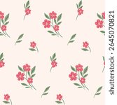 Seamless floral pattern, liberty ditsy print, simple ornament with red flowers in folk motif. Repeating botanical design of small hand drawn flowers, plants, leaves. Vector illustration.