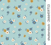 Seamless floral pattern, liberty ditsy print in delicate folk, country motif. Pretty gentle botanical design of small hand drawn daisy flowers, tiny leaves, simple mini bouquets on blue. Vector.