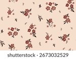 Seamless floral pattern, liberty ditsy print in autumn colors. Vintage rustic style botanical design of mini hand drawn plants, small flowers, tiny leaves, simple bouquets on beige Vector illustration