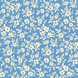 Seamless Floral Pattern, Liberty Ditsy Print With Pretty Sketch Botany. Artistic Botanical Design: Small Hand Drawn White Flowers, Tiny Leaves On A Blue Background. Vector Illustration In Two Colors.