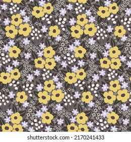Nahtlose Blumenmuster, freier Gaumendruck mit einer Blumenwiese im Retro-Stil. Hübscher botanischer Hintergrund mit kleinen dekorativen Blumen, winzige Blätter auf einem grauen Feld. Vektorgrafik.