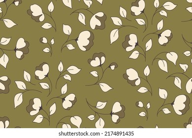Seamless floral pattern, liberty ditsy print in retro style. Simple botanical background design with small line flowers, leaves on tiny twigs. Trendy surface decor. Vector illustration.