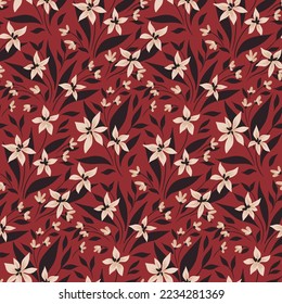 Seamless floral pattern, liberty ditsy print with vintage motif. Elegant flower design with simple small plants. Hand drawn flowers, leaves, tiny twigs on red background. Vector botanical illustration