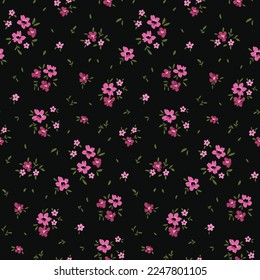 Seamless floral pattern, liberty ditsy print with tiny cute flowers. Romantic flower design with small hand drawn flowers, leaves, bouquets on a dark background. Girly botanical print. Vector.