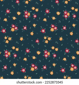 Seamless floral pattern, liberty ditsy print with tiny hand drawn bouquets. Cute botanical design with small flowers, leaves on a dark blue background. Trendy floral surface. Vector illustration.
