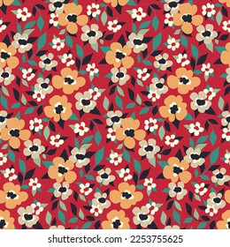 Seamless floral pattern, liberty ditsy print with vintage motif. Beautiful botanical design with small hand drawn plants: tiny flowers, leaves on a red background. Vector illustration.