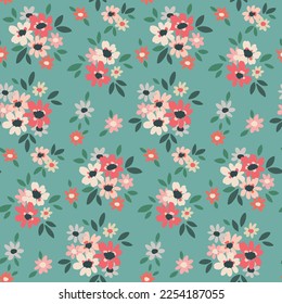Seamless floral pattern, liberty ditsy print with small cute bouquets. Romantic botanical design with tiny hand drawn flowers, leaves on blue background. Trendy rustic print. Vector illustration.