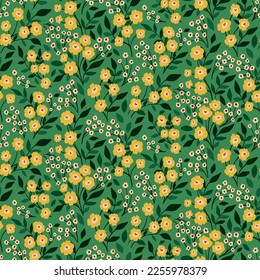 Seamless floral pattern, liberty ditsy print with tiny hand drawn plants. Cute botanical design with small yellow flowers, leaves, twigs on a green background. Vector illustration.