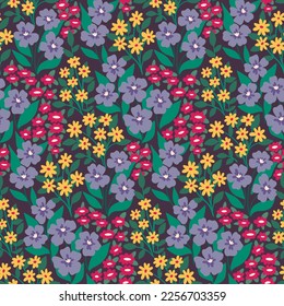 Seamless floral pattern, liberty ditsy print with summer blooming meadow. Cute botanical background with small hand drawn plants: tiny colorful flowers, green leaves. Vector illustration.