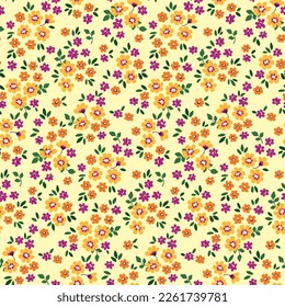 Seamless floral pattern, liberty ditsy print with cute small spring botany. Pretty botanical design with tiny hand drawn flowers, leaves on light background. Trendy flower surface. Vector illustration