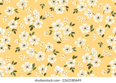 Seamless floral pattern, liberty ditsy print with vintage motif. Cute botanical design with small hand drawn plants: white flowers, tiny leaves on a yellow background. Vector illustration.